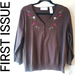 FIRST ISSUE EMBROIDERED CARDIGAN - BROWN